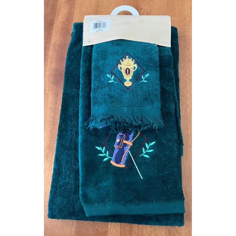 Premier Guest Towel Set of 3 Embroidered Green Golf Golfing Cotton NEW